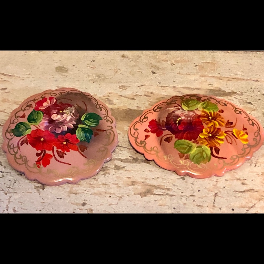 Pair of hand painted wood vintage Russian brooches
